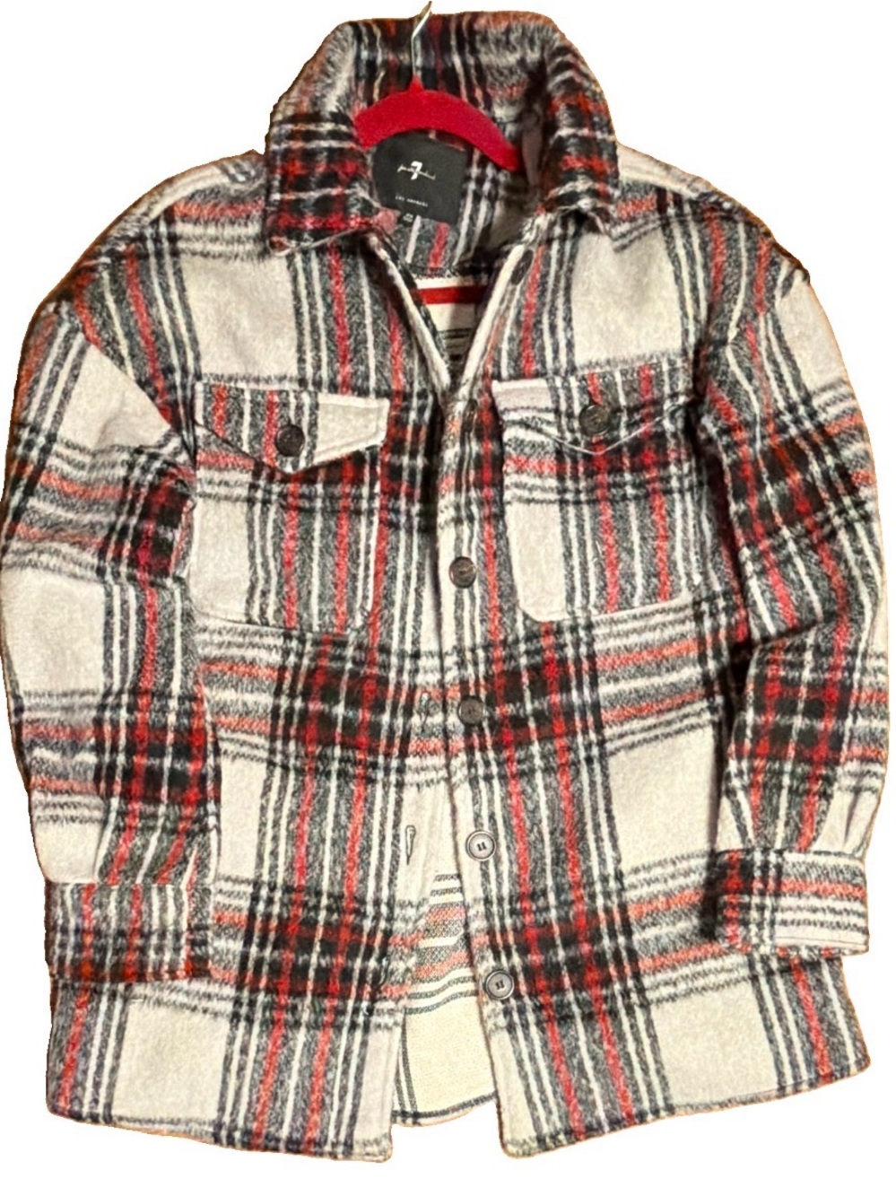 7 For All Mankind Plaid Shacket Jacket XS Red Black Cream Oversized